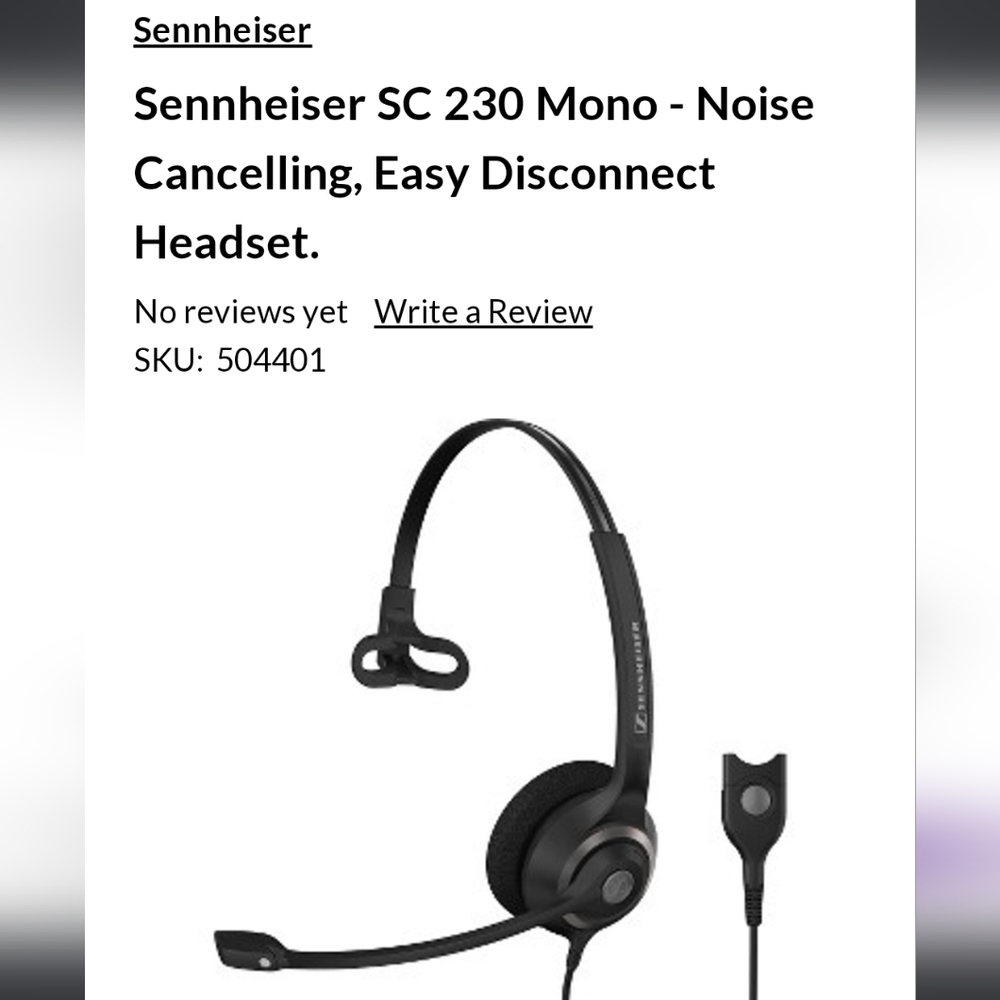 Sennheiser SC 230 Mono - Noise Cancelling, Easy Disconnect Headset.